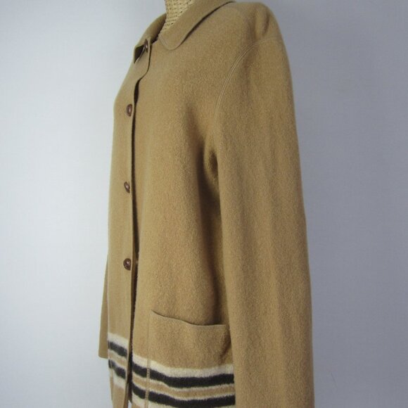 Vtg Lands End Women Plus 16 Beige Brown Ivory Boiled Wool Coat Jacket Pockets - Picture 3 of 12